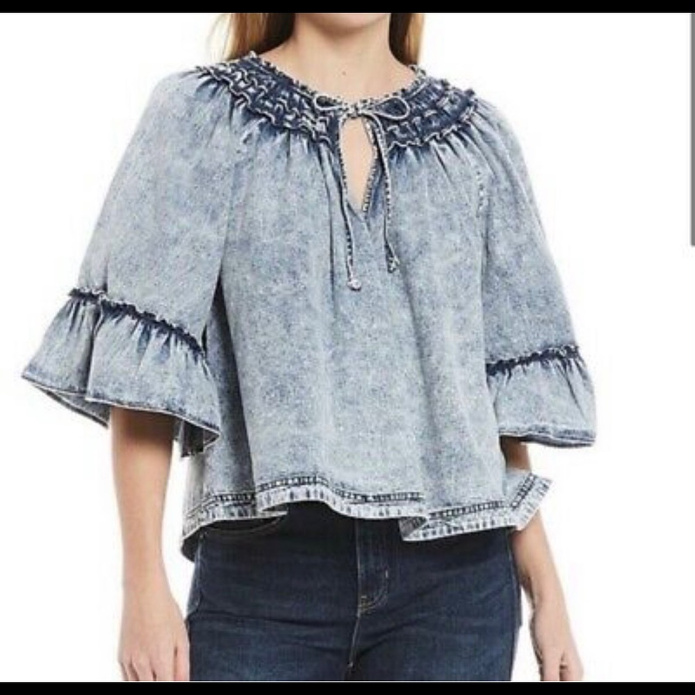 NWT Free People Ainsley Tie Detail Ruffled Sleeve Denim Top
